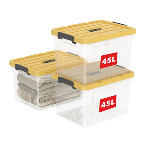 Cetomo 45L*3 Kunststoff-Aufbewahrungsbox Box transparent Behälter mit langlebigen gelben Deckel und Sicherheitsverschluss stapelbar und verschachtelt 3 Packs von Cetomo