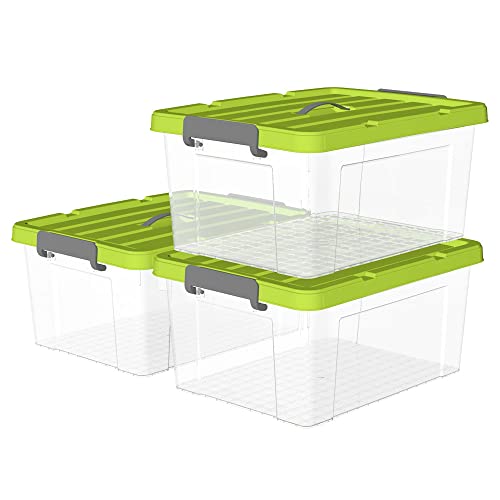Cetomo 45L*3 Kunststoff-Aufbewahrungsbox Box transparent Behälter mit langlebigen grünen Deckel und Sicherheitsverschluss stapelbar und verschachtelt 3 Packs von Cetomo