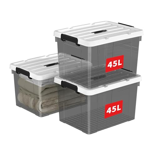 Cetomo 45L*3 Plastic Storage box, Tote box,Organizing Container with Durable Lid and Secure Latching Buckles, Stackable and Nestable, 3Pack, transparent black with Black Buckle von Cetomo