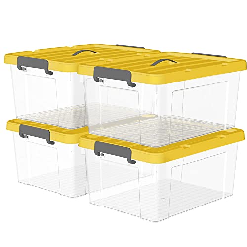 Cetomo 45L*4 Kunststoff-Aufbewahrungsbox Box transparent Behälter mit langlebigen gelben Deckel und Sicherheitsverschluss stapelbar und verschachtelt 4 Packs von Cetomo