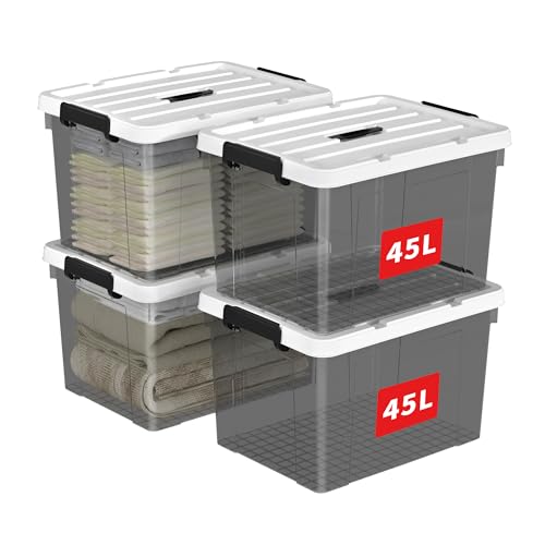Cetomo 45L*4 Plastic Storage box, Tote box,Organizing Container with Durable Lid and Secure Latching Buckles, Stackable and Nestable, 4Pack, transparent black with Black Buckle von Cetomo