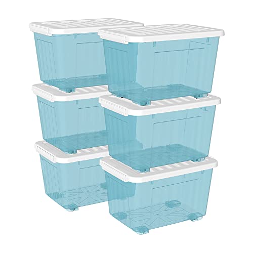 Cetomo 55 l x 6 Kunststoff-Aufbewahrungsbox, transparentblau, Tragetasche, Organisationsbehälter mit robustem Deckel und sicheren Verriegelungsschnallen, stapelbar und stapelbar, 6 Stück, mit Schnalle von Cetomo