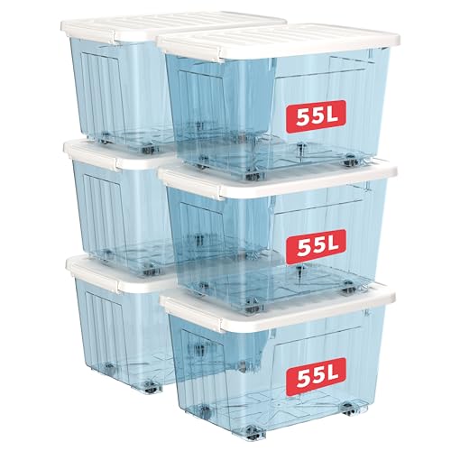Cetomo 55 l x 6 Kunststoff-Aufbewahrungsbox, transparentblau, Tragetasche, Organisationsbehälter mit robustem Deckel und sicheren Verriegelungsschnallen, stapelbar und stapelbar, 6 Stück, mit Schnalle von Cetomo