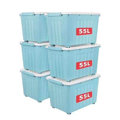 Cetomo 55L*6 Aufbewahrungsboxen mit Deckeln, Kunststoff-Aufbewahrungsbox mit Rollen und Clips, Kunststoffbox für Zuhause und Büro, BPA-frei, Nestbar, Stapelbar, Blau, 55L-6er Pack von Cetomo