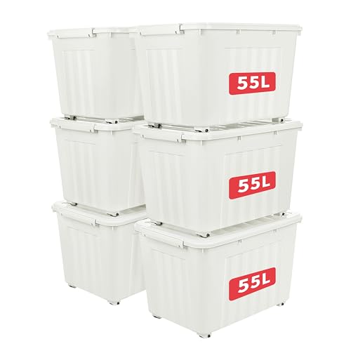 Cetomo 55L*6 Aufbewahrungsboxen mit Deckeln, Kunststoff-Aufbewahrungsbox mit Rollen und Clips, Kunststoffbox für Zuhause und Büro, BPA-frei, Nestbar, Stapelbar, Weiß, 55L-6er Pack von Cetomo
