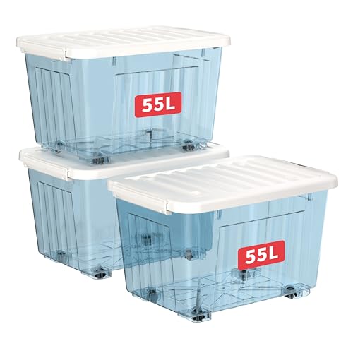 Cetomo 55L*3 Kunststoff-Aufbewahrungsbox Transparent Blau Box Behälter mit haltbarem Deckel und Sicherheitsverschluss stapelbar und verschachtelbar 3-Packs mit Verschluss von Cetomo
