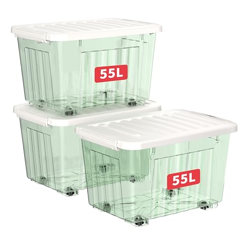 Cetomo 55L*3 Kunststoff-Aufbewahrungsbox Transparent Grün mit haltbarem Deckel und Sicherheitsverschluss stapelbar und verschachtelbar 3-Packs mit Verschluss von Cetomo