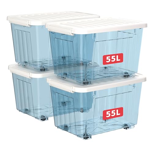 Cetomo 55L*4 Kunststoff-Aufbewahrungsbox Transparent Blau Box Behälter mit haltbarem Deckel und Sicherheitsverschluss stapelbar und verschachtelt 4-Packs mit Verschluss von Cetomo