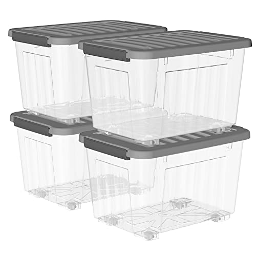 Cetomo 55L*4 Kunststoff-Aufbewahrungsbox Transparent mit haltbarem grauem Deckel und Sicherheitsverschluss stapelbar und verschachtelbar 4-Packs mit Verschluss von Cetomo