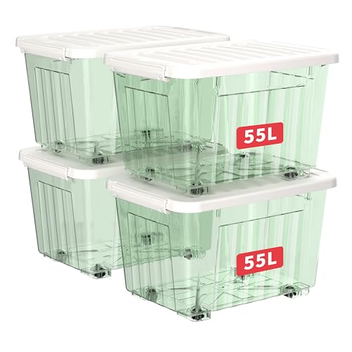 Cetomo 55L*4 Kunststoff-Aufbewahrungsbox transparent grün mit haltbarem Deckel und Sicherheitsverschluss stapelbar und verschachtelbar 4-Packs mit Verschluss von Cetomo