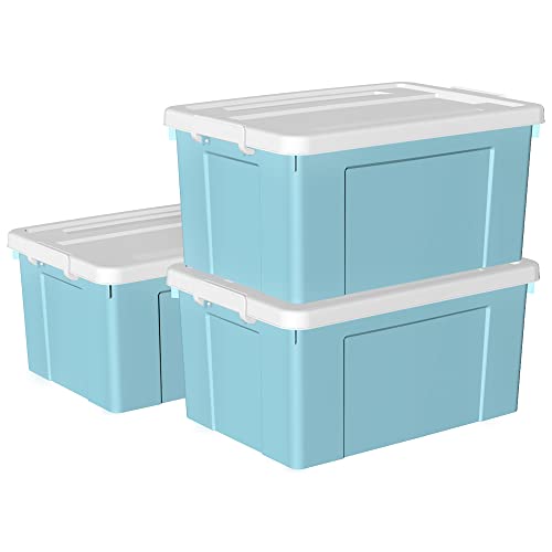 Cetomo 65 l x 3 Kunststoff-Aufbewahrungsbox, Tragetasche, Organisationsbehälter mit robustem Deckel und sicheren Verriegelungsschnallen, stapelbar und stapelbar, 3 Stück, blau mit Schnalle von Cetomo