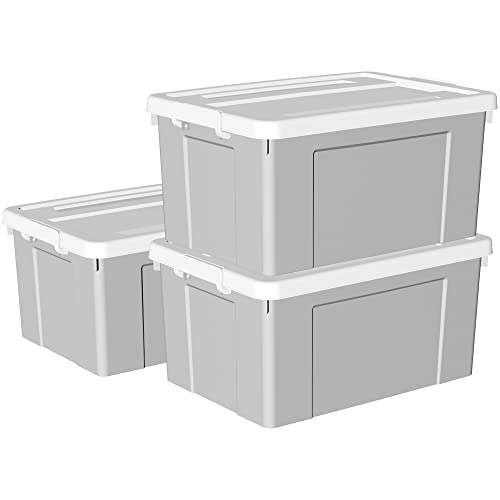 Cetomo 65 l x 3 Kunststoff-Aufbewahrungsbox, Tragetasche, Organisationsbehälter mit robustem Deckel und sicheren Verriegelungsschnallen, stapelbar und stapelbar, 3 Stück, grau mit Schnalle von Cetomo