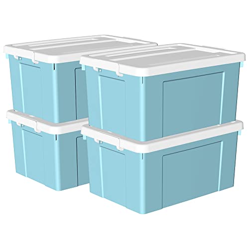 Cetomo 65 l x 4 Kunststoff-Aufbewahrungsbox, Tragetasche, Organisationsbehälter mit robustem Deckel und sicheren Verriegelungsschnallen, stapelbar und stapelbar, 4 Stück, blau mit Schnalle von Cetomo