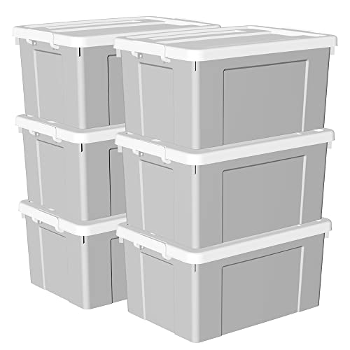 Cetomo 65 l x 6 Kunststoff-Aufbewahrungsbox, Tragetasche, Organisationsbehälter mit robustem Deckel und sicheren Verriegelungsschnallen, stapelbar und stapelbar, 6 Stück, grau mit Schnalle von Cetomo