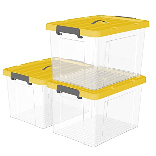 Cetomo 65L*3 Kunststoff-Aufbewahrungsbox Box transparent Behälter mit langlebigen gelben Deckel und Sicherheitsverschluss stapelbar und verschachtelt 3 Packs von Cetomo