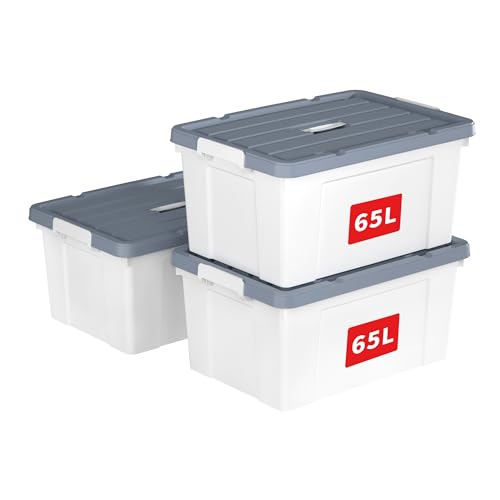 Cetomo 65L*3 Kunststoff-Aufbewahrungsbox mit haltbarem Deckel und Sicherheitsverschluss stapelbar und verschachtelt 3-Packs Weiß von Cetomo