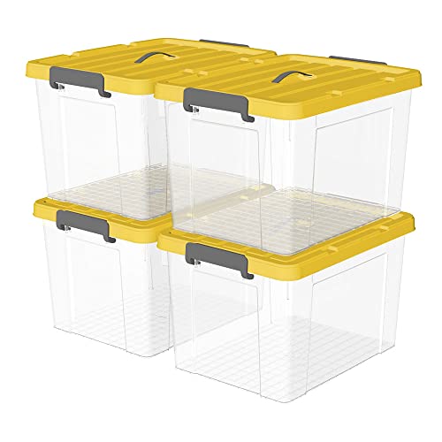 Cetomo 65L*4 Kunststoff-Aufbewahrungsbox Box transparent Behälter mit langlebigen gelben Deckel und Sicherheitsverschluss stapelbar und verschachtelt 4-Packs von Cetomo