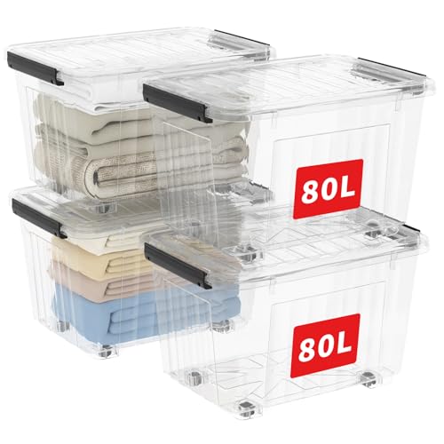 Cetomo,80L*4,4er-Pack, Aufbewahrungsbox mit deckel,Aufbewahrungsboxen, mit Clips, stapelbar, Wohnzimmer, Schlafzimmer.lebensmittelecht,Verschlussclips,Neumaterial Plastik-Box transparent von Cetomo