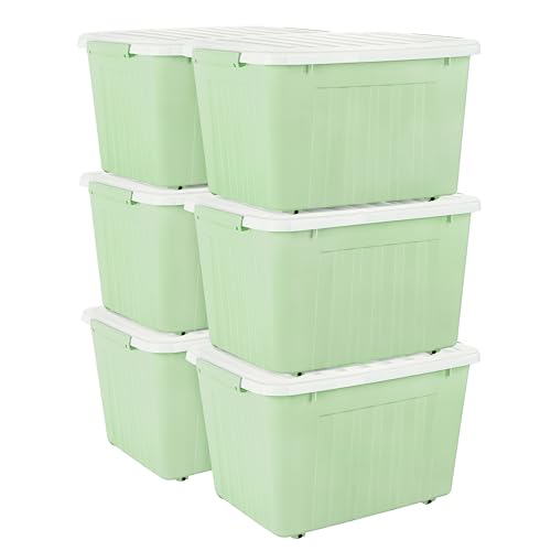 Cetomo 80 l x 6 Kunststoff-Aufbewahrungsbox, grün, Tragetasche, Organisationsbehälter mit robustem Deckel und sicheren Verriegelungsschnallen, stapelbar und stapelbar, 6 Stück, mit Schnalle von Cetomo