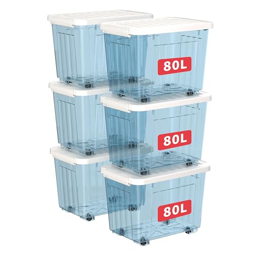 Cetomo 80 l x 6 Kunststoff-Aufbewahrungsbox, transparentblau, Tragetasche, Organisationsbehälter mit robustem Deckel und sicheren Verriegelungsschnallen, stapelbar und stapelbar, 6 Stück, mit Schnalle von Cetomo