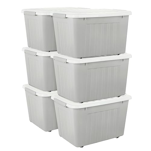 Cetomo,80L,6er-Pack, Aufbewahrungsbox mit deckel,Aufbewahrungsboxen, mit Clips, stapelbar, Wohnzimmer, Schlafzimmer.lebensmittelecht ,Verschlussclips,Neumaterial Plastik-Box grau von Cetomo