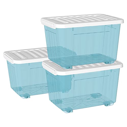Cetomo 80L*3 Kunststoff-Aufbewahrungsbox Transparent Blau Box Behälter mit haltbarem Deckel und Sicherheitsverschluss stapelbar und verschachtelbar 3-Packs mit Verschluss von Cetomo