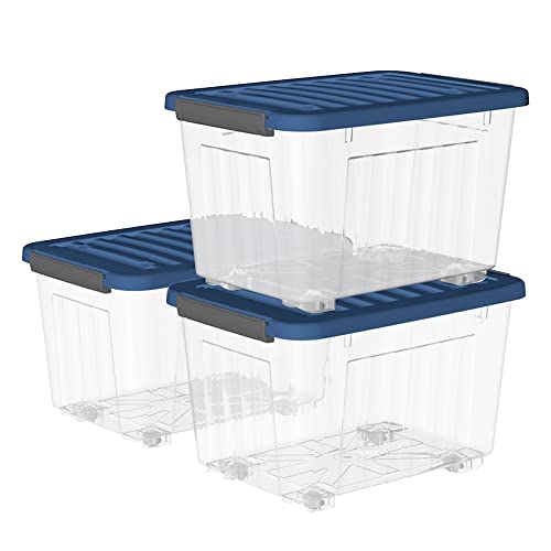 Cetomo 80L*3 Kunststoff-Aufbewahrungsbox Transparent Container mit langlebigen blauen Deckel und Sicherheitsverschluss stapelbar und verschachtelt 3-Packs mit Schnallen von Cetomo