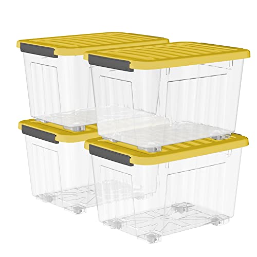 Cetomo 80L*4 Kunststoff-Aufbewahrungsbox Transparent Container mit langlebigen gelben Deckel und Sicherheitsverschluss stapelbar und verschachtelbar 4-Packs mit Verschluss von Cetomo
