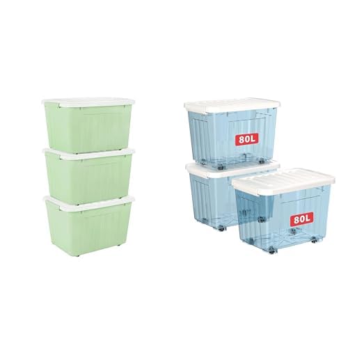 Cetomo 80L Kunststoff-Aufbewahrungsbox mit Rollen, Aufbewahrungsbehälter, Polypropylen Box mit Deckel, Stapelbarer Streifen-Aufbewahrungsbox, BPA-frei, Transparent Blau & Grün, 80L-6 Stück von Cetomo
