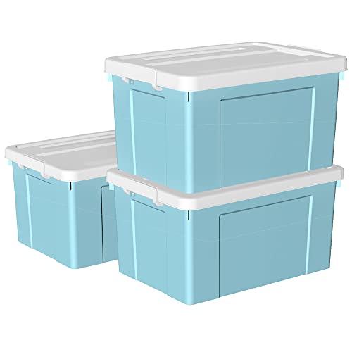 Cetomo 90 l x 3 Kunststoff-Aufbewahrungsbox, Tragetasche, Organisationsbehälter mit robustem Deckel und sicheren Verriegelungsschnallen, stapelbar und stapelbar, 3 Stück, blau mit Schnalle von Cetomo