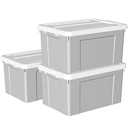 Cetomo 90 l x 3 Kunststoff-Aufbewahrungsbox, Tragetasche, Organisationsbehälter mit robustem Deckel und sicheren Verriegelungsschnallen, stapelbar und stapelbar, 3 Stück, grau mit Schnalle von Cetomo