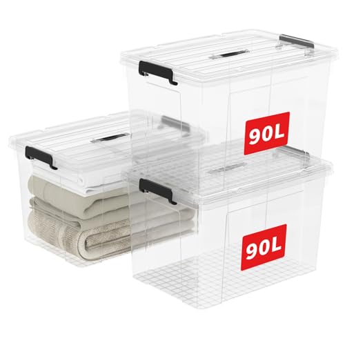 Cetomo,90L,3er-Pack, Aufbewahrungsbox mit deckel,Aufbewahrungsboxen, mit Clips, stapelbar, Wohnzimmer, Schlafzimmer.lebensmittelecht,Verschlussclips,Neumaterial Plastik-Box transparent von Cetomo