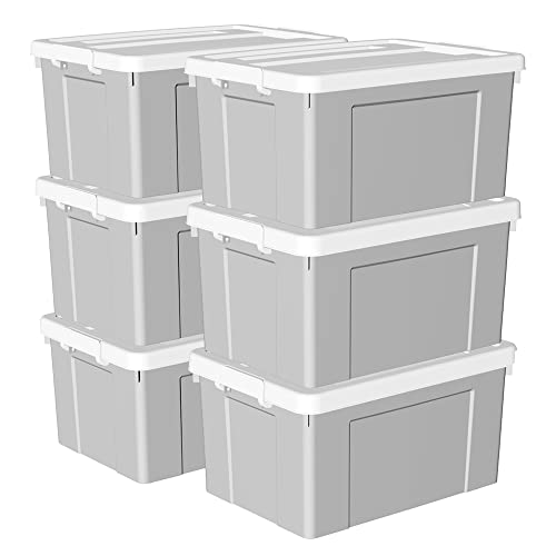 Cetomo 90 l x 6 Kunststoff-Aufbewahrungsbox, Tragetasche, Organisationsbehälter mit robustem Deckel und sicheren Verriegelungsschnallen, stapelbar und stapelbar, 6 Stück, grau mit Schnalle von Cetomo