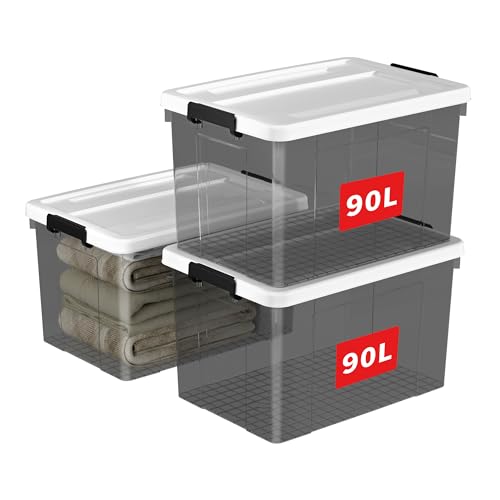 Cetomo 90L*3 Plastic Storage box, Tote box, Organizing Container with Durable Lid and Secure Latching Buckles, Stackable and Nestable, 3Pack, transparent black with Black Buckle von Cetomo