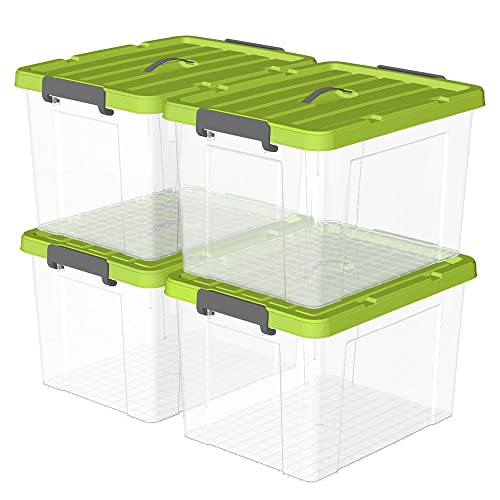 Cetomo 90L*4 Kunststoff-Aufbewahrungsbox Box transparent Behälter mit langlebigen grünen Deckel und Sicherheitsverschluss stapelbar und verschachtelt 4 Packs von Cetomo