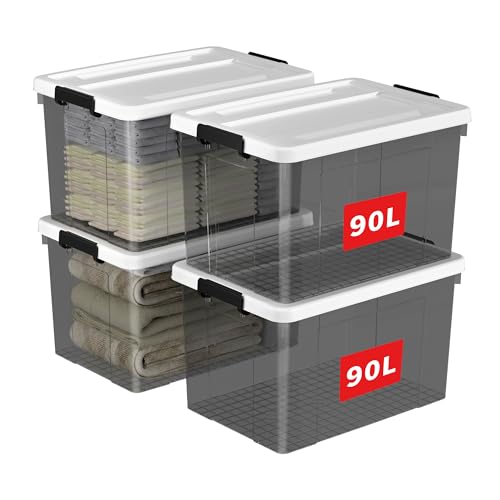 Cetomo 90L*4 Plastic Storage box, Tote box,Organizing Container with Durable Lid and Secure Latching Buckles, Stackable and Nestable, 4Pack, transparent black with Black Buckle von Cetomo