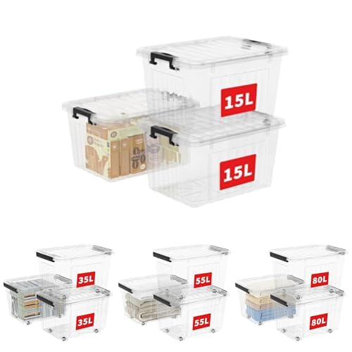Cetomo Aufbewahrungsboxen mit Deckeln, Kunststoff-Aufbewahrungsbox mit Rollen, Kunststoffbox, Ordnungsboxen für Zuhause und Büro, BPA-frei, Nestbar, Stapelbar, Klar,15L+35L+55L+80L-12 Stück von Cetomo