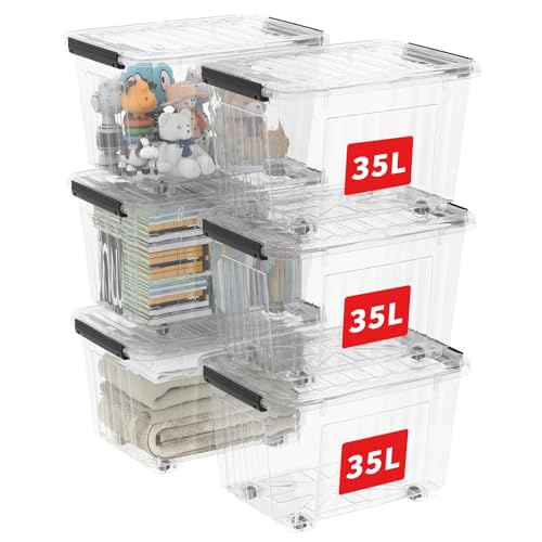 Cetomo 35L*6 Aufbewahrungsboxen mit Deckeln, Kunststoff-Aufbewahrungsbox mit Rollen und Clips, Kunststoffbox für Zuhause und Büro, BPA-frei, Nestbar, Stapelbar, Transparent, 35L-6er Pack von Cetomo