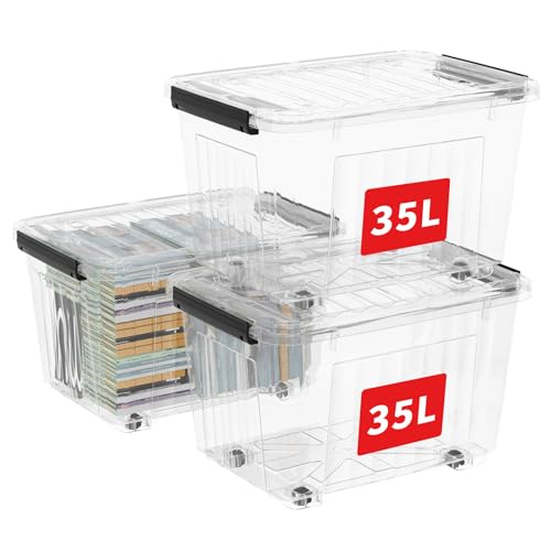 Cetomo C5037 Kunststoff Aufbewahrungsbox Klarsichtbehälter mit Deckel mit Rädern, Transparent - 35L，3er-Set von Cetomo