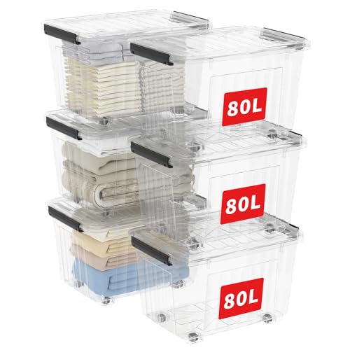 Cetomo C5039 große Stapelbare Aufbewahrungsbox Kunststoffbehälter mit Rädern Kunststoff (Polypropylen) Transparent, 80L, 6er-Set von Cetomo