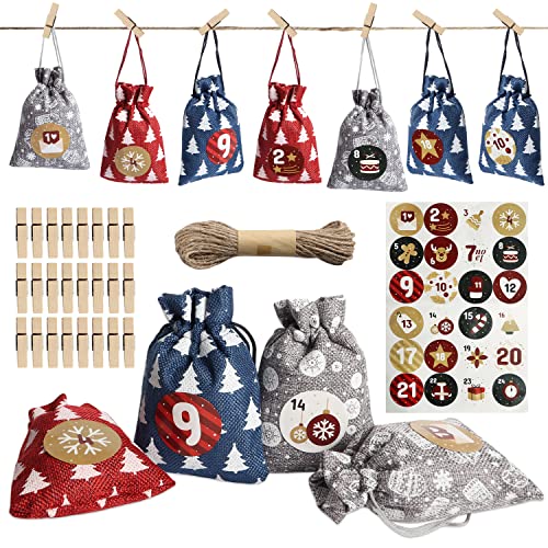 Cevikno Adventskalender zum Befüllen Weihnachten Geschenksäckchen mit 1-24 Adventszahlen Aufkleber Mini Holzklammern und 10m Jute Hanfseile, Weihnachtskalender tüten Geschenkbeutel Jutesäckchen (Grau) von Cevikno