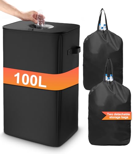 Cexovo 100L Pfandflaschen Sammelbehälter mit Deckel, Groß Pfandflaschen Aufbewahrung Pfandflaschen Behälter mit 2 Tragetasche, Behälter Leergut & Altglas Aufbewahrung für Küche & Haushalt, Schwarz von Cexovo