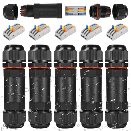Cexovo IP68 Wasserdichte Kabelverbinder,Kabelverbinder Wasserdicht mit 3-Polig Abzweigdose Wasserdicht Verbindungsmuffe Erdkabel Abzweigdose für Ø9-12mm Kabeldurchmesser (5er-Pack,Schwarz) von Cexovo