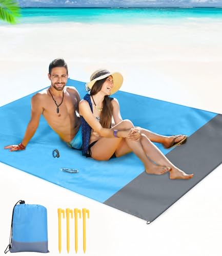 Cexovo Sand Campingdecke 210x200cm Blau Grau Stranddecke sandfrei Strandmatte Super Groß Picknickdecke Wasserdicht mit 4 Befestigung Ecken leicht und tragbar für Reisen Camping Wandern Strandurlaub von Cexovo