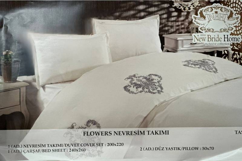 Ceyiz Diyari Bettüberwurf Palmenbesticktes Braut-Set 4-teiliges Cremegrau von Ceyiz Diyari
