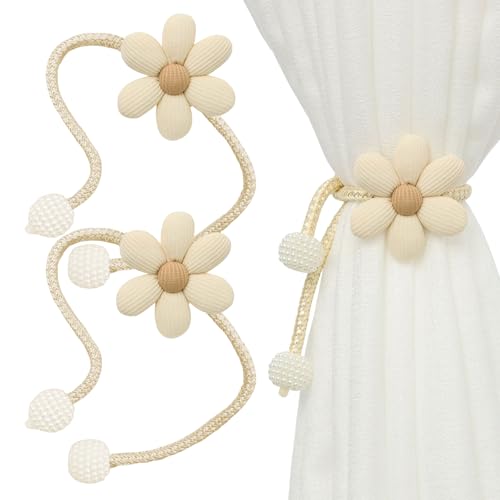 ChAusa 2 Stück Blume Vorhang Raffhalter 83cm Eaffhalter für Vorhänge,Raffhalter für Gardinen,Beige Vorhang Halter Handgewebt Gardinen Kordel für Dekoration Zuhause,Cafe,Büro(Perlenschnalle) von ChAusa