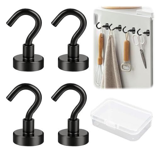 ChAusa 4 Stück Neodym Magnet Haken 20mm, Magnet Haken Extra Stark Hält 33 lb (15kg) Magnete mit Haken, Schwarz Super Starker Magnetischer Haken für Eisentüren Kühlschränke Küchen Kleiderablage von ChAusa