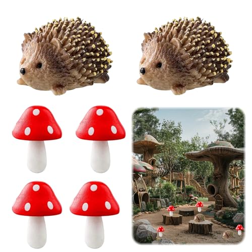 ChAusa 6 Stück Igel Deko Garten Harz, 2 Igel und 4 Pilze Mini Gartendeko, Harz Feengarten Zubehör Wasserdicht, Miniatur Tiere Minipilze Deko für Draußen Figuren Miniaturen Tierfigur Ornament von ChAusa