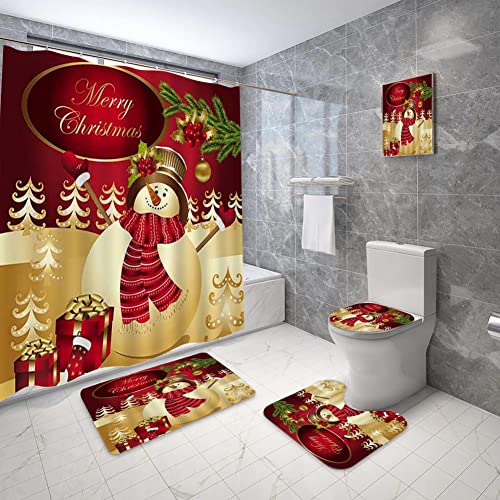 ChYoung 4 STÜCKE Weihnachten Bad Sets Schneemann Weihnachtsmann Duschvorhang / Badematten Teppiche / U-förmigen Podest Matte / Toilettensitzbezug (A20) von ChYoung