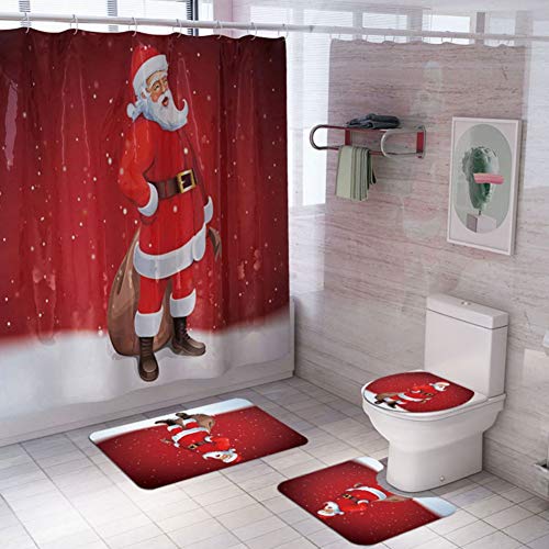 ChYoung 4 STÜCKE Weihnachten Bad Sets Schneemann Weihnachtsmann Duschvorhang / Badematten Teppiche / U-förmigen Podest Matte / Toilettensitzbezug (A5) von ChYoung